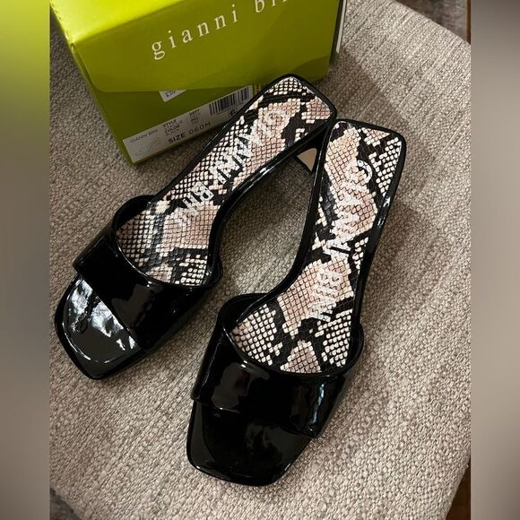 NIB Gianni Bini black patent leather & snakeskin print kitten heel slides size 6 - Picture 1 of 3